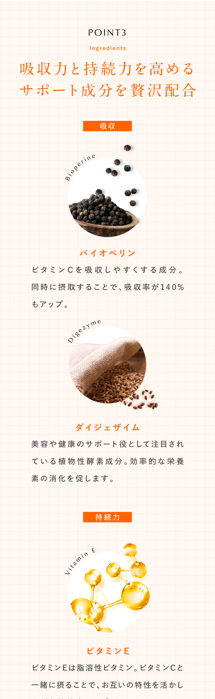 POINT3 吸収力と持続力を高めるサポート成分（バイオペリン・ダイジェザイム・ビタミンE）