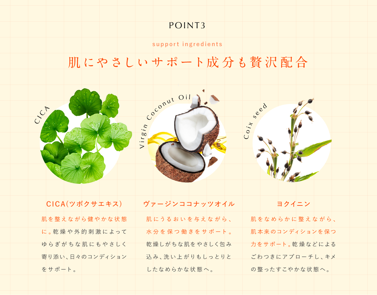 肌にやさしいサポート成分も贅沢配合