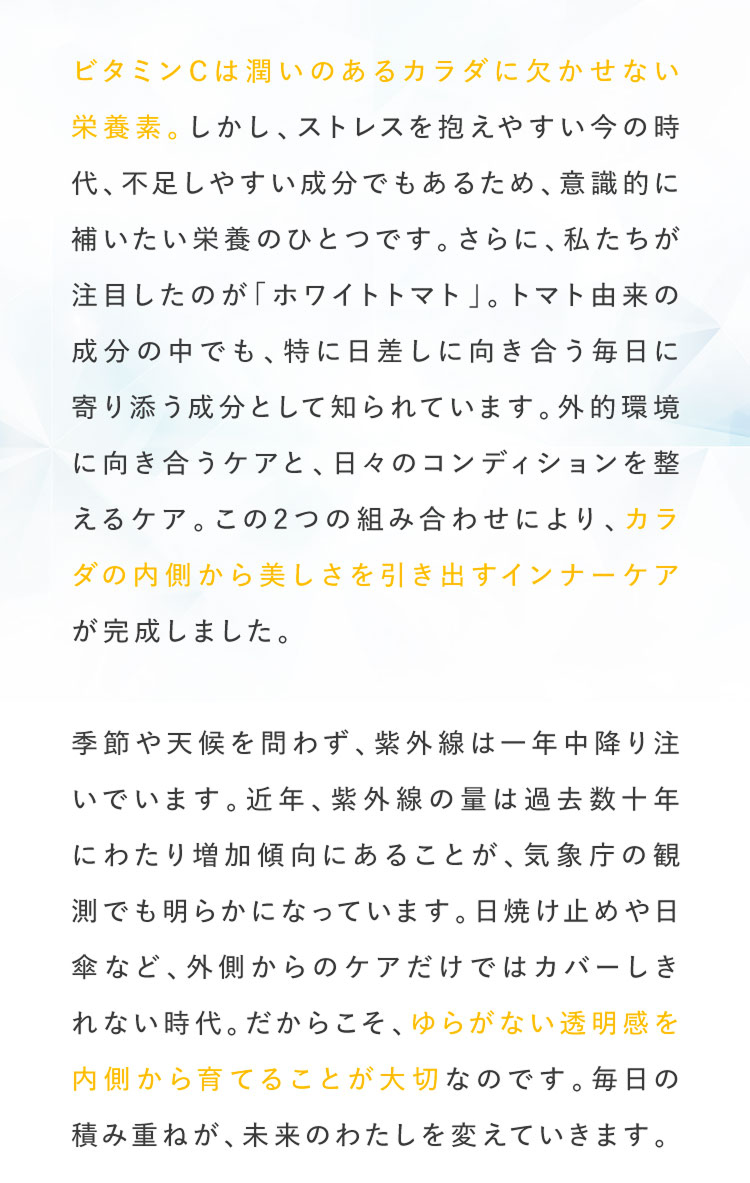 ビタミンCは潤いのあるカラダに欠かせない栄養素。